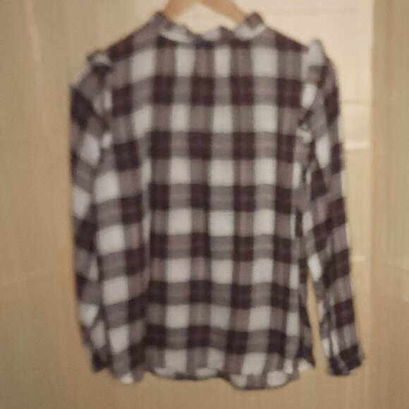Loft Womens Blue White Plaid Lightweight Blouse Ruffle Trim Medium - Picture 2 of 6